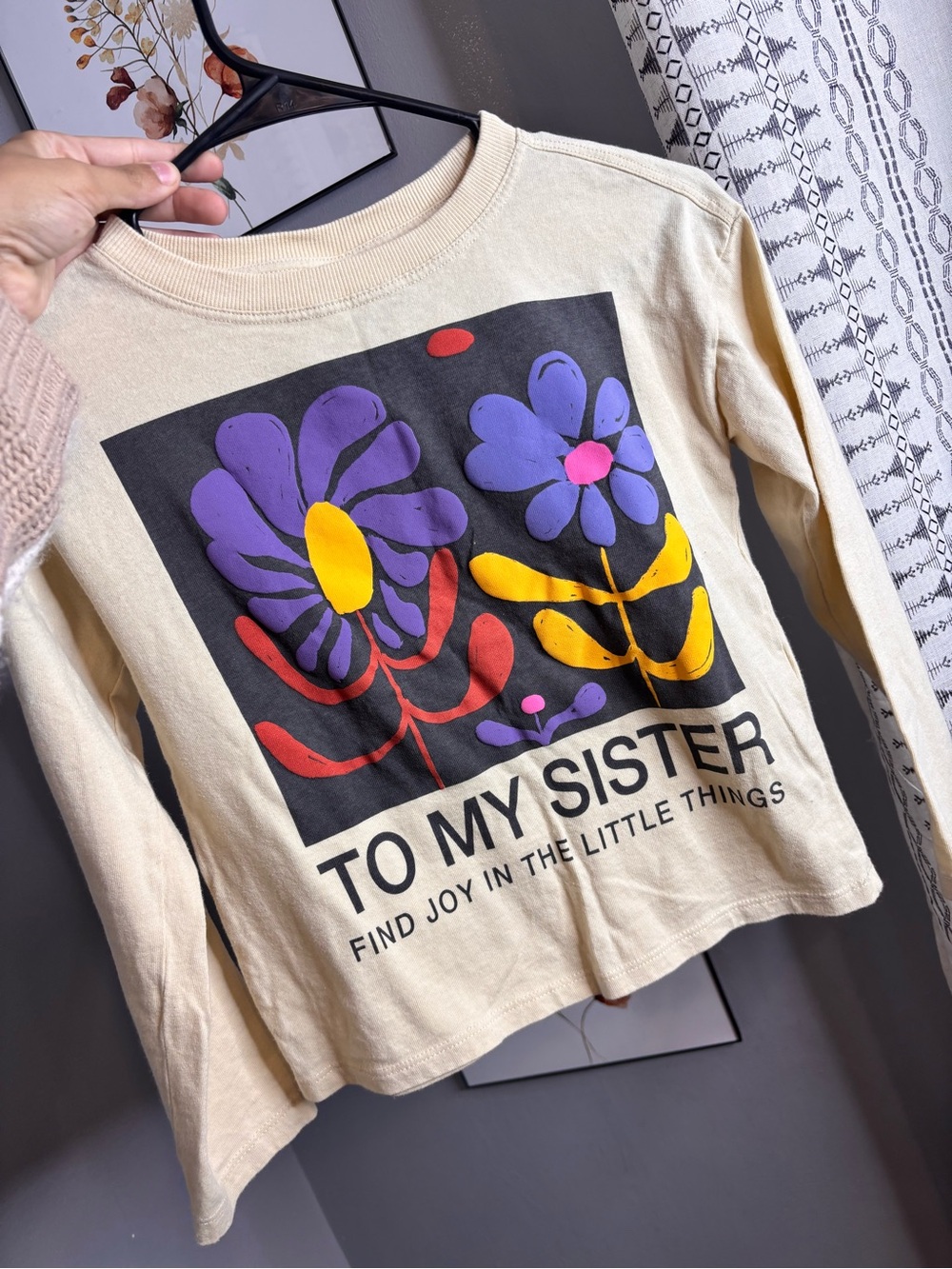 Zara Cream Long-Sleeve Tee with Purple, Yellow & Red Floral Graphic